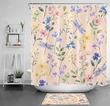 Purple Dragonfly Yellow Wildflower Beige Shower Curtain Set for Bathroom Decor