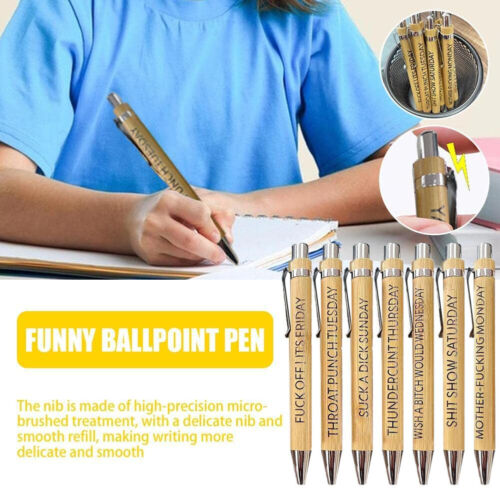 7Pcs Funny Swear Word Daily Pen Set, Wood Grain Ballpoint Pen Vent Your Emotions - Picture 1 of 11