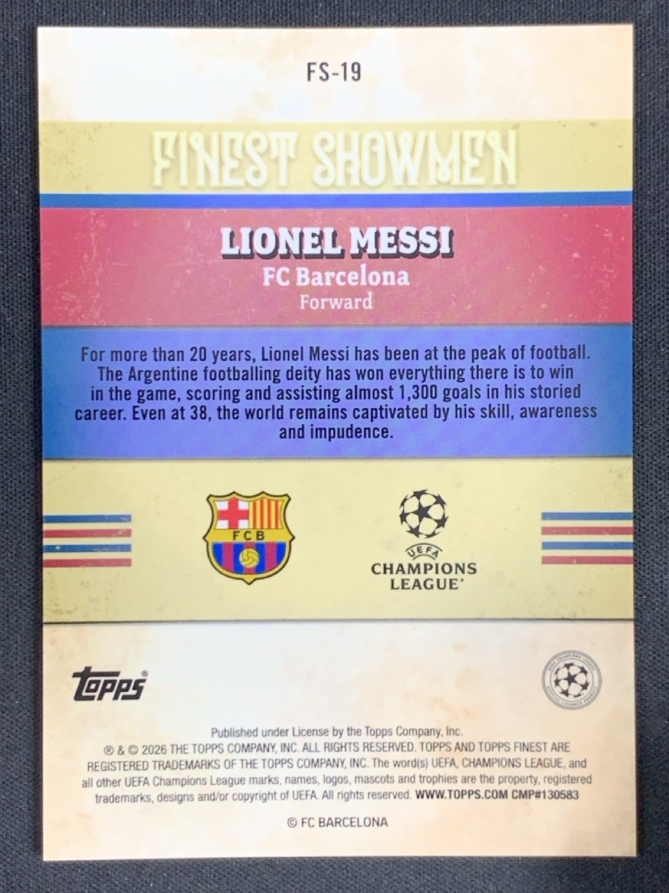 Lionel Messi 2025-26 Topps Finest UCC Showmen Aqua Refractor /199 #FS-19 view 2