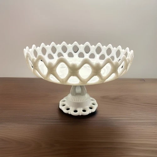 Vintage Westmoreland White Pedestal Milk Glass Fruit Compote Doric Lace