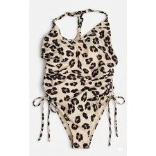 Kona Sol Leopard Print Ruched One Piece Swimsuit Side Tie Detail Size Large