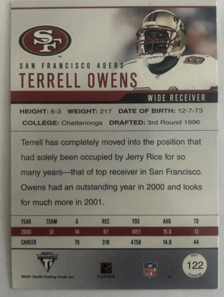 TERRELL OWENS 2001 Private Stock Titanium Premiere Date Parallel 71/99 - Image 2 of 2