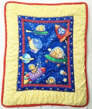 Vtg 3D Space Baby Blanket Eisner Rockets Kidsline Bears Tiger Bunny Crib Yellow