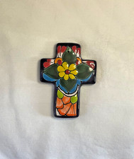 Cruz de Pared Talavera Mexicana 4" Pintada a Mano Floral Cerámica Arte Popular Cruz
