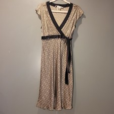 Max Studio 100% Silk Tie Waist Dress Geometric Print, Women's Size M, Tan Black