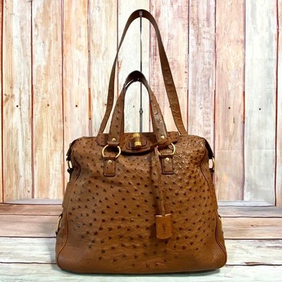 YVES SAINT LAURENT Rive Gauche Ostrich Print 2Way Shoulder Handbag Brown Used