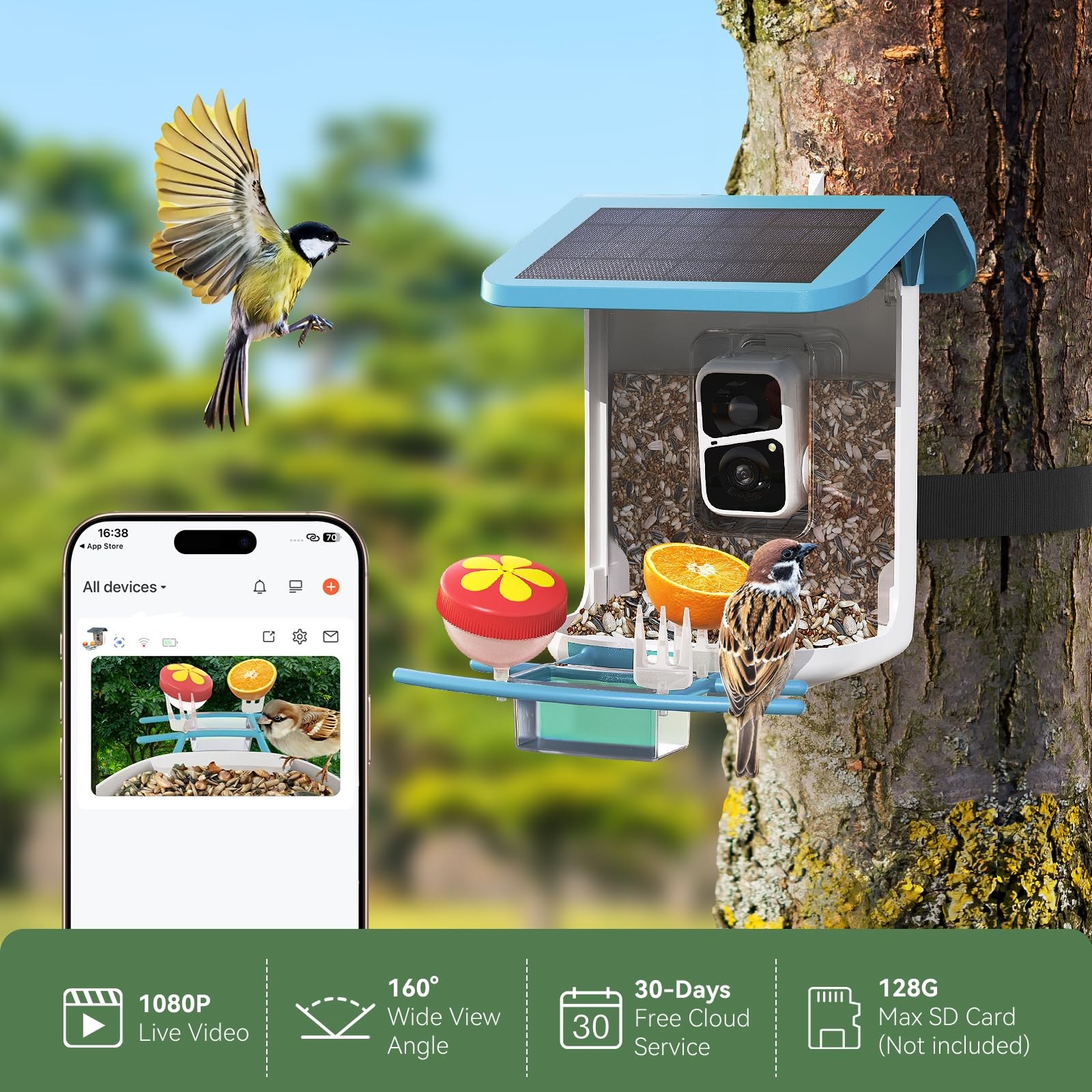 Smart Bird Feeder with Camera, Solar Bird Feeder - 2K HD Live Video Camera AI