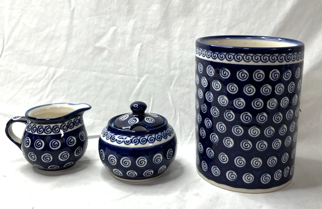 Boleslawiec Polish Pottery Sugar Creamer Utensil Holder Crock 3 Pc Blue Swirl