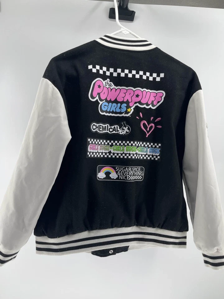 Chaqueta Universitaria Powerpuff Girls Justice Juvenil XL Negra Blanca Bombardero Dibujos Animados Foto 4 de 4