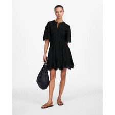 Madewell Jet Black Eyelet Flutter Sleeve Mini Dress in Cotton Size 12 NWT