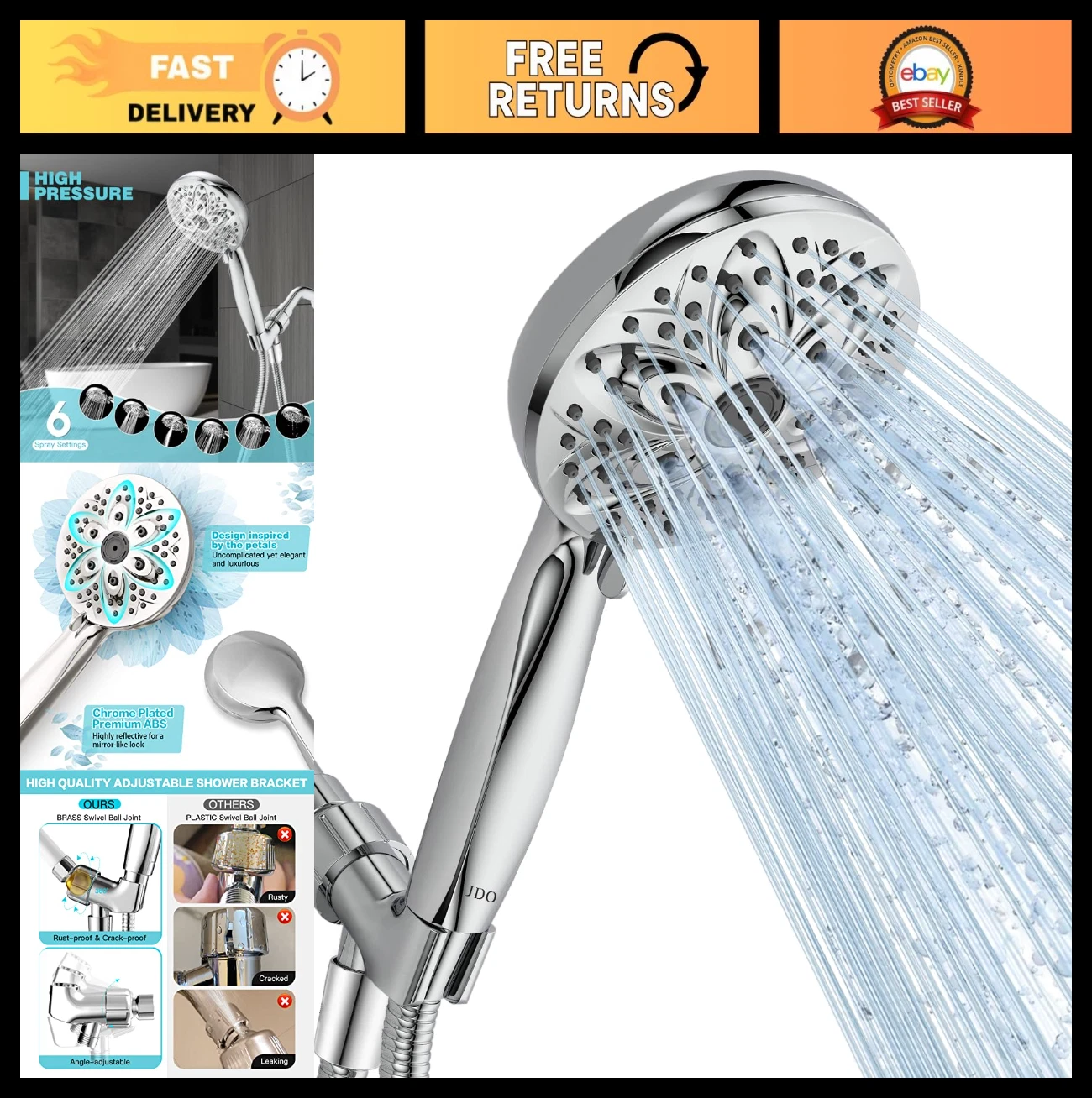 6-Setting High Pressure Handheld Shower Head, 4.7" Chrome Detachable with Hose