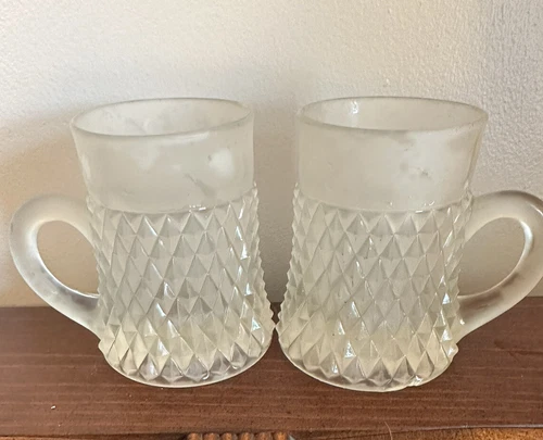 Vintage Indiana glass, frosted diamond point mugs (PAIR)
