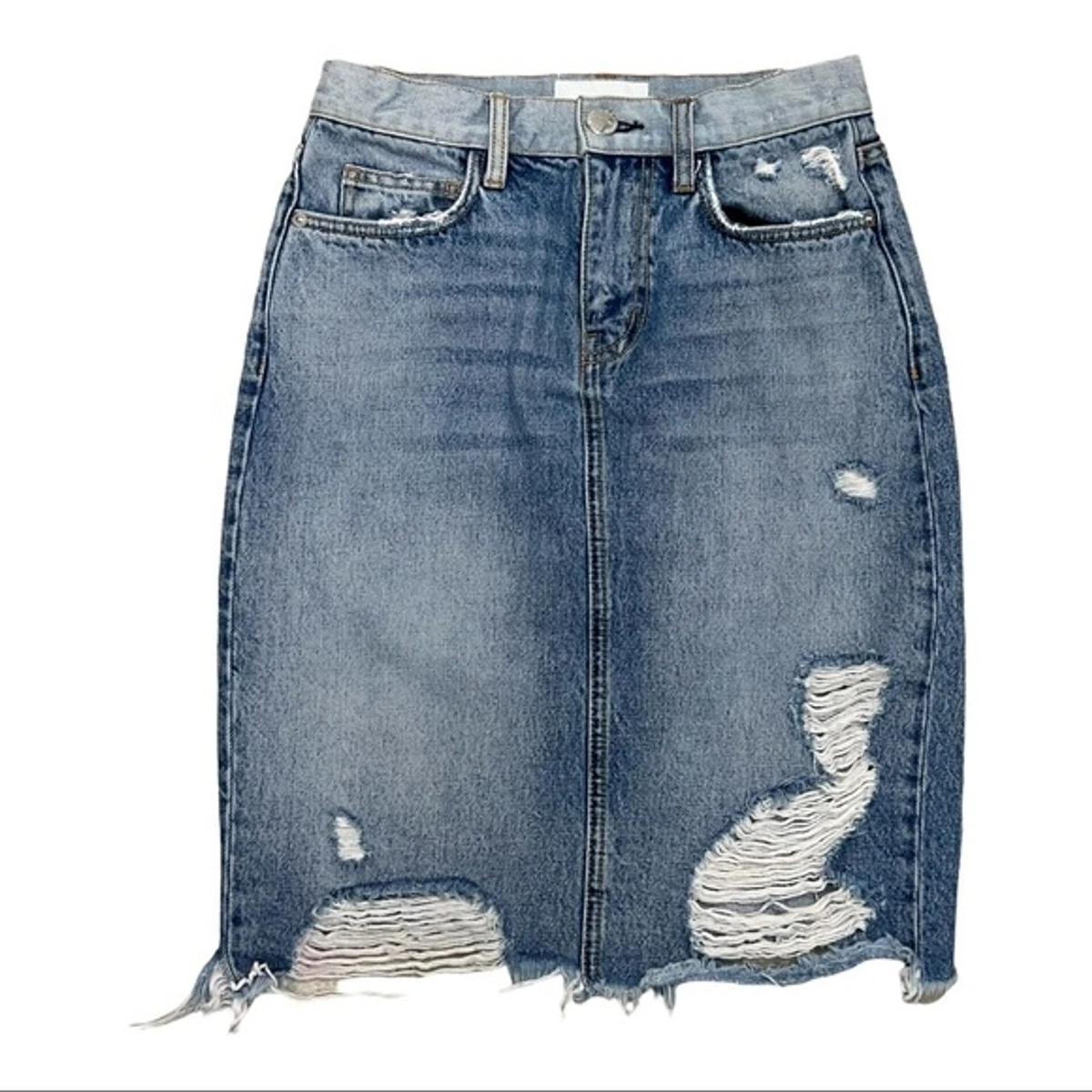 Current Elliott Ultra High Waist Distressed Jean Denim Midi Skirt Size 25