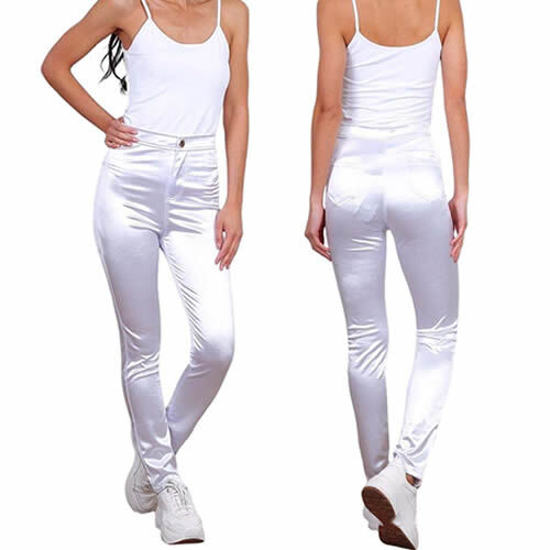 Pantalones de tubo de satén de cintura alta para mujer Pantalones ajustados de tela Pantalones elásticos Slim Fit blancos - Imagen 6 de 7