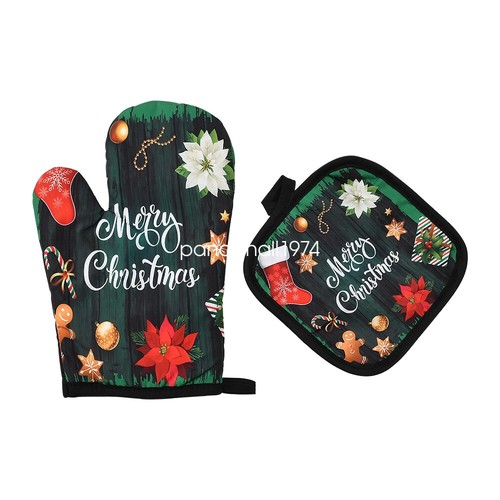 Christmas Heat Resistant Oven Glove Kitchen Cooking Baking Pot Holder Mitt Green - Picture 6 of 7
