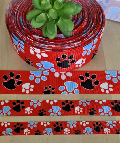 5/8, 7/8 & 1.5"(1 YD) Paw Print Grosgrain Ribbon Dog Paw Print Dog Collar Ribbon - Picture 1 of 1