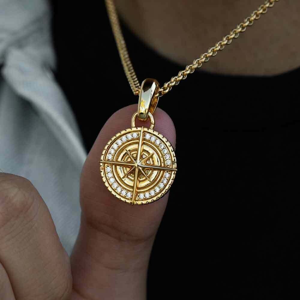 Round Cut Real Moissanite Compass Men's Pendant 14K Yellow
