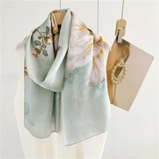 Pure Mulberry Satin Silk Shawl Neckerchief Flower Print Oblong Scarf 170cm Green
