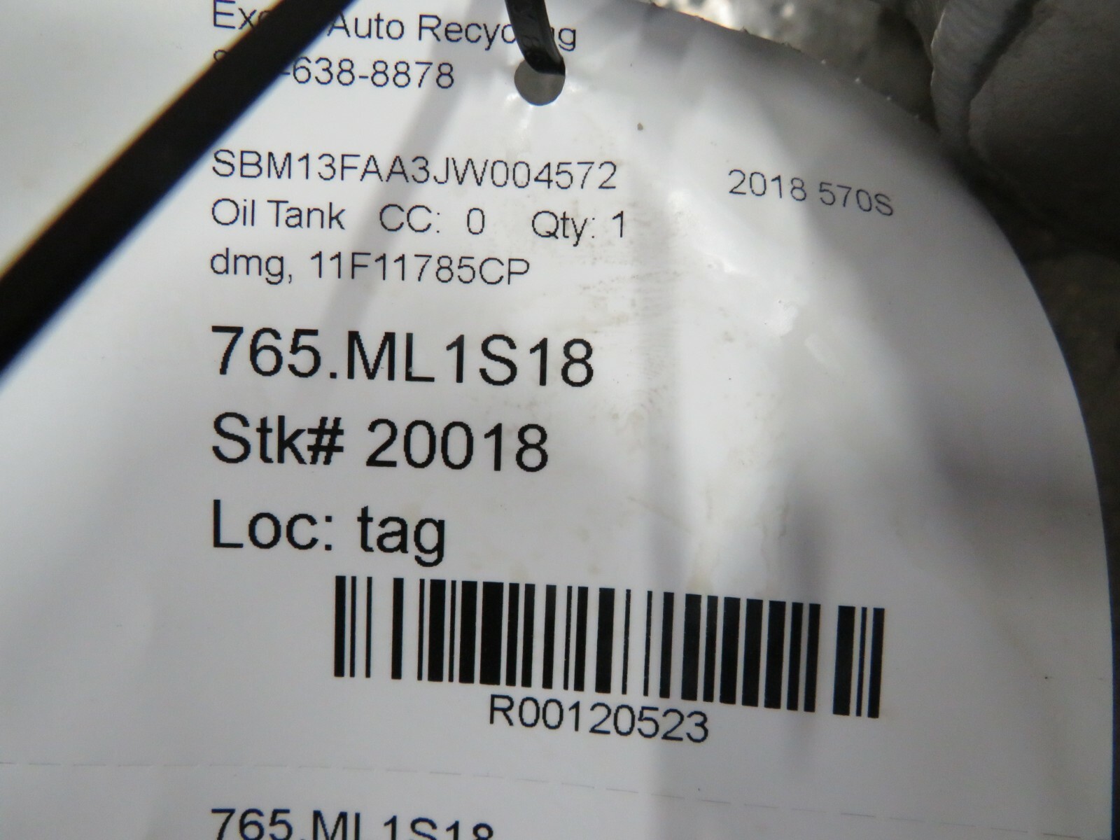 McLaren 570S, Oil Tank, Used, Damage, P/N 11F11785CP