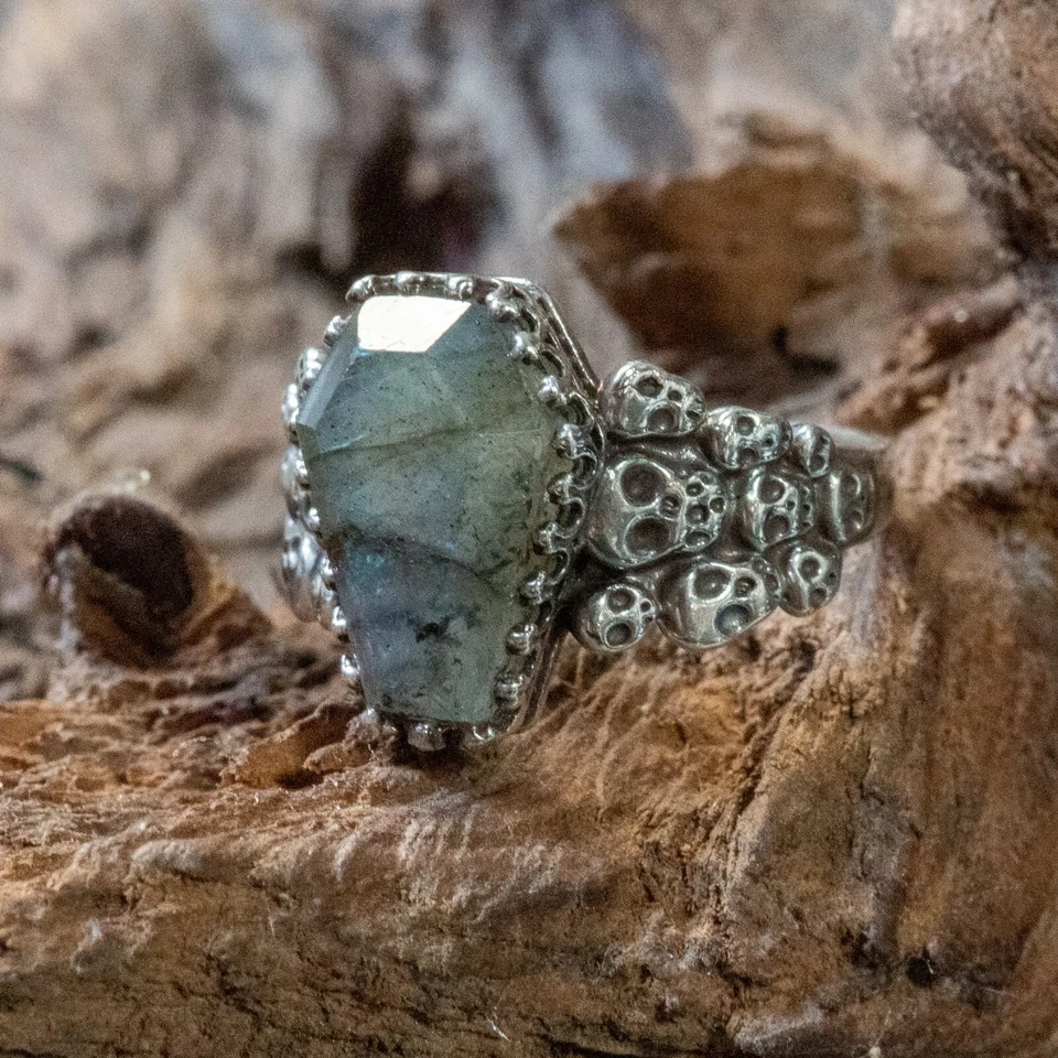 Labradorite Bara & Anello Teschio Argento Sterling Gemma Semi Preziosa Gotico - Immagine 3 di 3