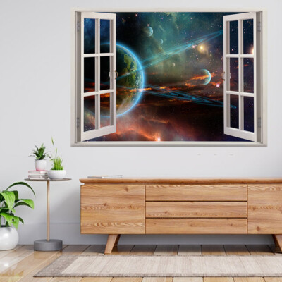 Planet Doppelring Riesen Weltraum 3D Fenster Blick Wandaufkleber Poster Aufkleber A719