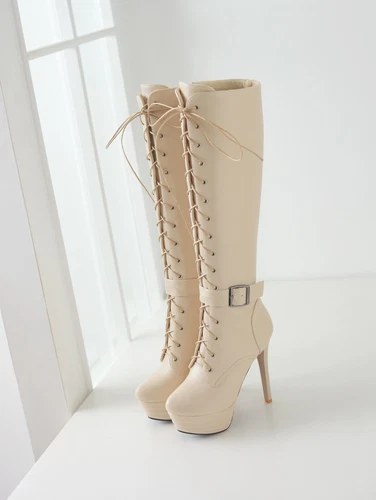 women Synthetic Leather High Heels Zipper Lace Up Shoes Knee Boots UK Size - Bild 19 von 43