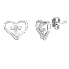 Sterling Silver CZ Stones Cross in Heart Stud Earrings