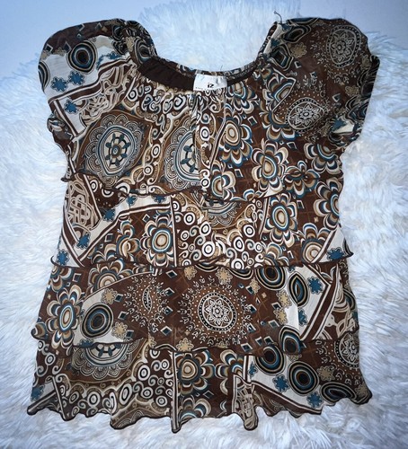 IZ Byer Women's XLarge Brown Paisley & Ruffle Front, Short Sleeve Blouse - Picture 2 of 8