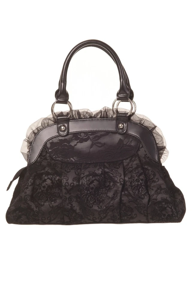 BANNED Apparel Black Gothic Punk Flocked Skull Rose Lace Bow Reinvention Handbag - Image 2 of 2