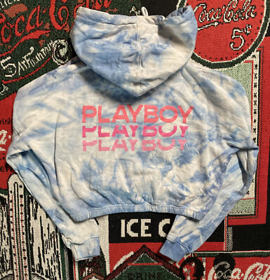 Playboy Missguided Blue Tie Dye Cropped Hoodie Zip Up Double Sided