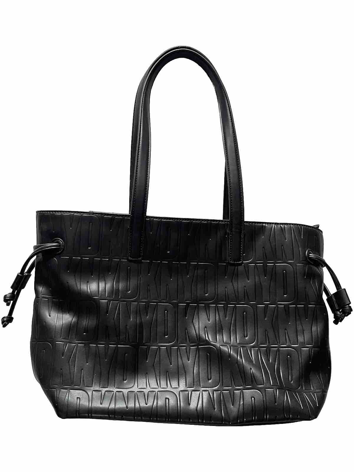 DKNY Jude Tote Black Signature Logo Embossed Zip Top Drawstring Sides Lined EUC