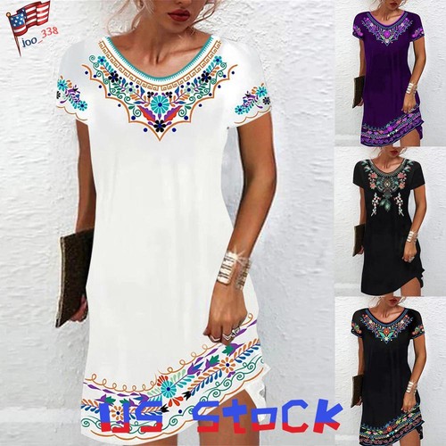 Women's Round Neck Floral Printed Mini Dress Ladies Summer Short Sleeve Sundress