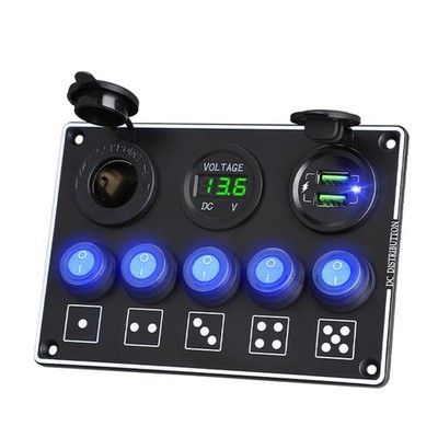 5 Gang LED Toggle Ignition Switch Panel Voltmeter Dual USB 12V for Marine Truck