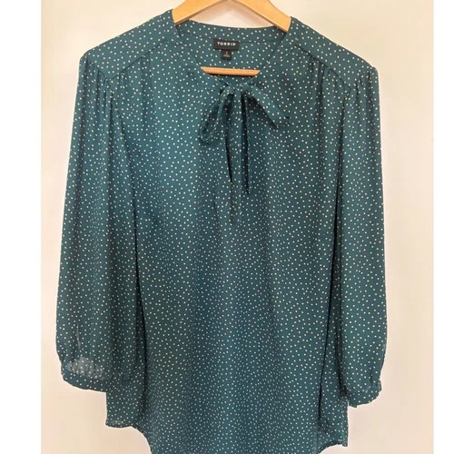 Torrid Blouse Size 2 Teal Green Chiffon Polka Dot Tie Plus LS Womens Work Top - product listing photo