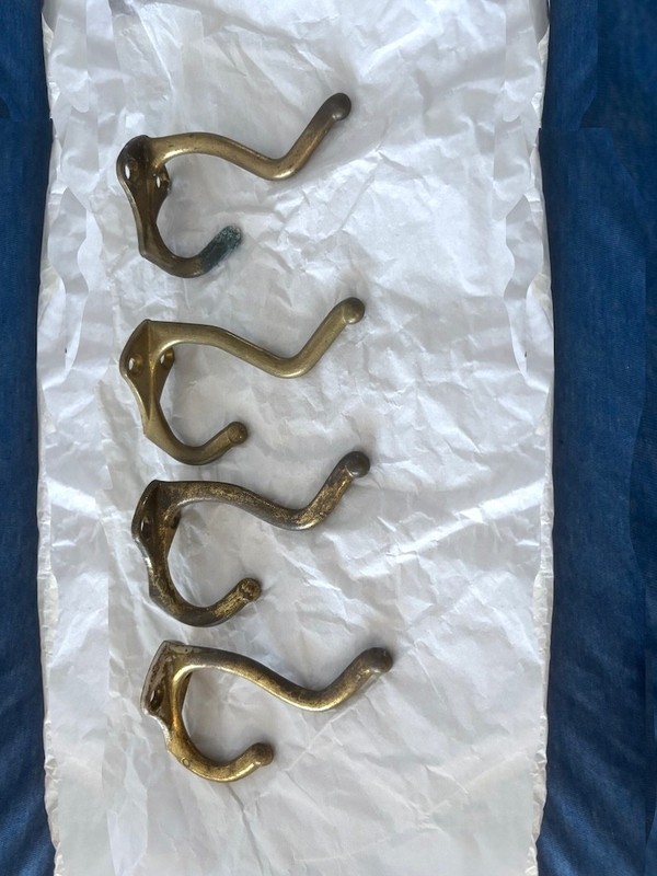 Estate 4 vtg BRASS METAL closet / wall HOOKS classic shape