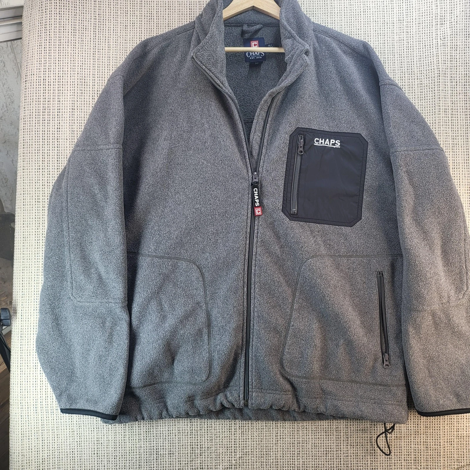 Chaps Fleece Jacket Mens XL Gray Black Full Zip Nylon Chest Pocket Drawcord Hem