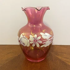 Rainbow Glass Co Hand painted Cranberry Ruffle Edge 6" Vase