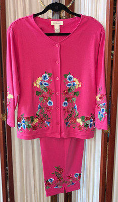 Vintage Bechamel 2 Piece Pants Blouse Set Embroidered ~ Raspberry ~ Size L ~ NWT