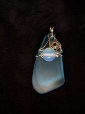 Pendant 2" Blue Sea Glass w/ blue glass bead Wire Wrapped Handmade