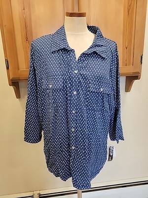Jaclyn Smith Button Up V Neck Shirt Womens Plus Size 3X Blue-White Floral Blouse