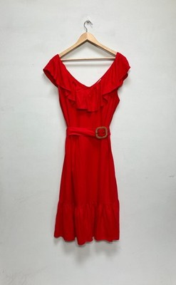 F&F Dress Womens UK 18 Linen Blend Red Ruffle Belted Sleeveless V Neck Summer