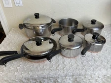 REVERE WARE 12 Pc Pre 1968 Copper Clad Pots Pans Lids Double Circle USA Vintage
