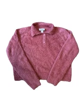 Monki Pink Fuzzy Knit Polo Jumper Size M Long Sleeve Soft Cosy Retro Style