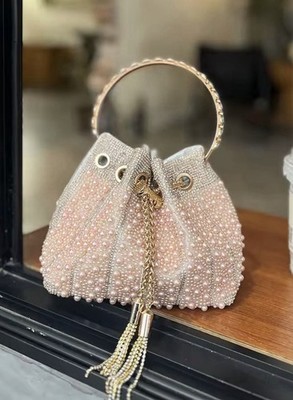 Rosa Strass und Perlen Clutch Tasche Eimer Schulter Abend Handtasche für Frauen