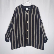 Avenue Vtg Oversized Button Top Women 18/20 Black Tan Stripe Linen Lagenlook 90s
