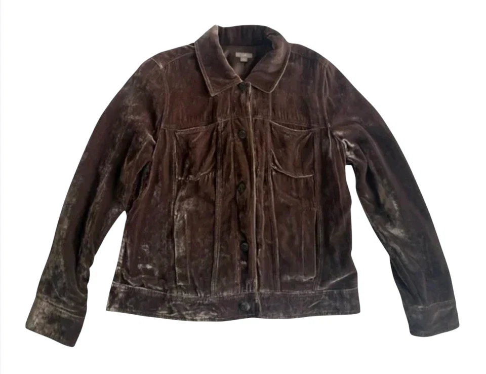 J. JILL Dark Brown Crushed Velvet Jacket SILK BLEND Button-Up Pockets SIZE S - Image 3 of 4