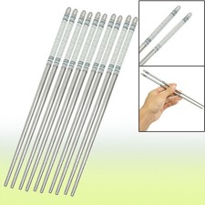 Gray White Flower Pattern Silver Tone Stainless Steel Chopsticks 5 Pair