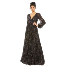 Mac Duggal NWT Peasant Printed V-Neck Long Dress in Black Multi Size 2