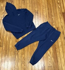 Nike Club Fleece Hoodie  Joggers Sweatsuit Mens Size Large White Swoosh Navy