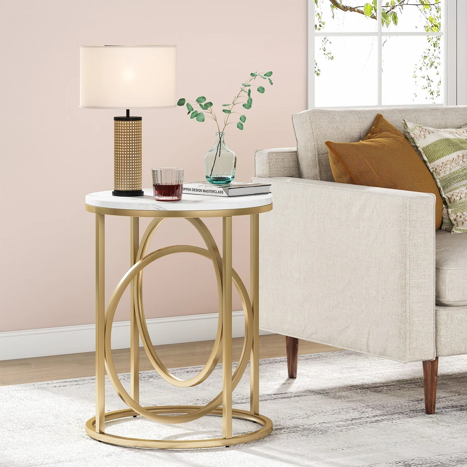 Round End Table for Living Room, Modern Marble Side Table with Gold Metal Frame - Image 2 of 4